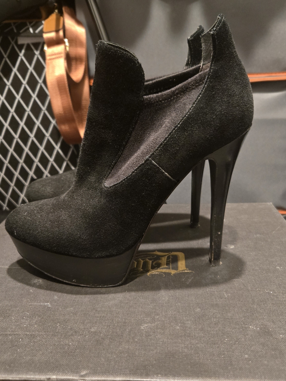 Joan & David Black Suede High Heel Platform Booties